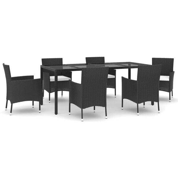 vidaXL 7 Piece Patio Dining Set with Cushions Black Poly Rattan