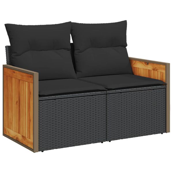 vidaXL Garden Sofa Black Poly Rattan, Powder-Coated Steel, Solid Acacia Wood
