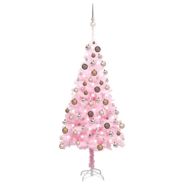 vidaXL Artificial Pre-lit Christmas Tree with Ball Set Pink 59.1" PVC