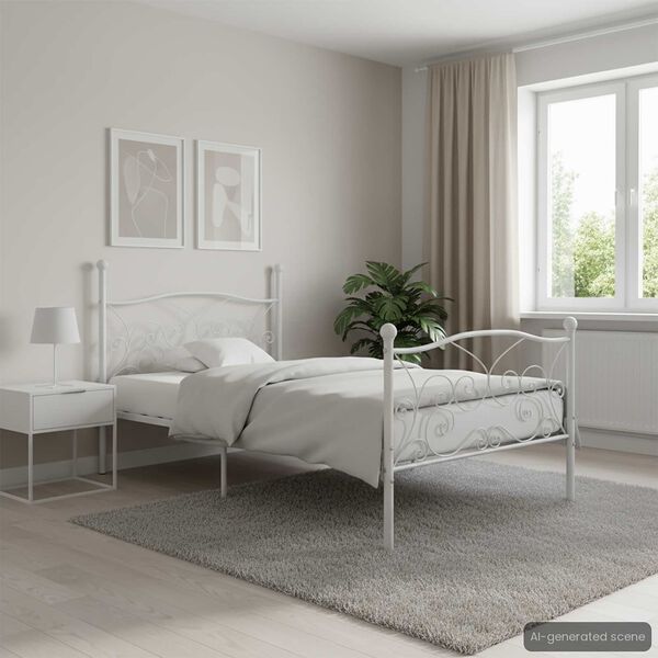 vidaXL Bed Frame White Metal, Plywood Twin Modern Bed Frame