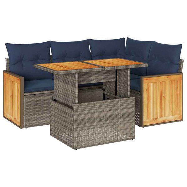 vidaXL 5 Piece Patio Sofa Set with Cushions Gray Poly Rattan Acacia