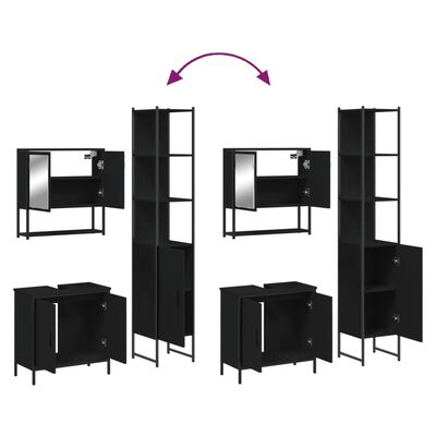 Set of black bathroom storage modules arranged in various configurations, showing modular system