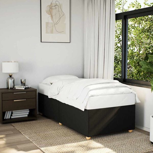 vidaXL Bed Frame Black Polyester, Plywood, Engineered Wood Single