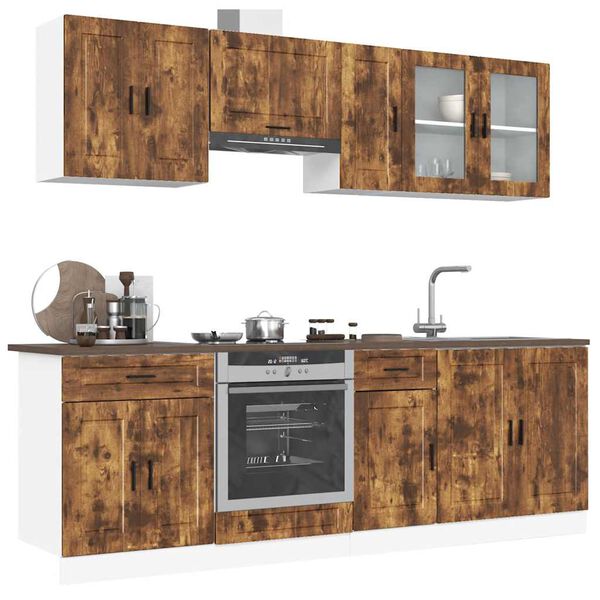 vidaXL Kitchen Cabinet Set Smoked oak Engineered wood and glass 8-piece