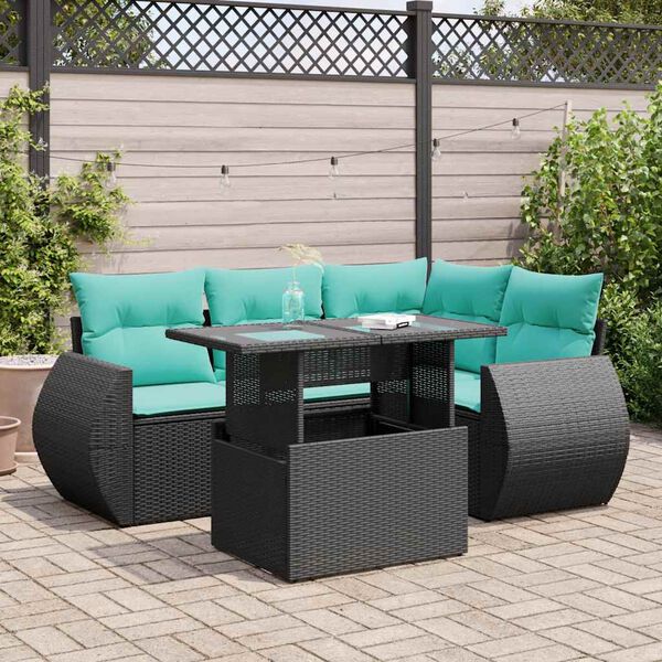 vidaXL 5 Piece Patio Sofa Set with Cushions Black Poly Rattan Acacia