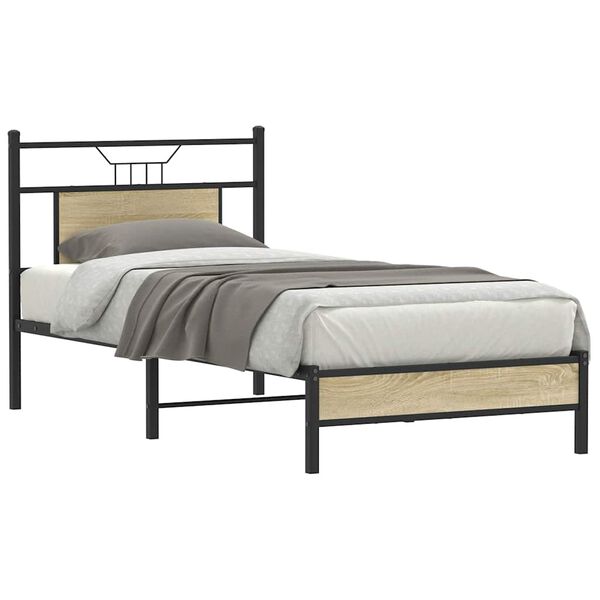 vidaXL Bed Frame Sonoma Oak Engineered Wood, Steel Twin Bed Frame