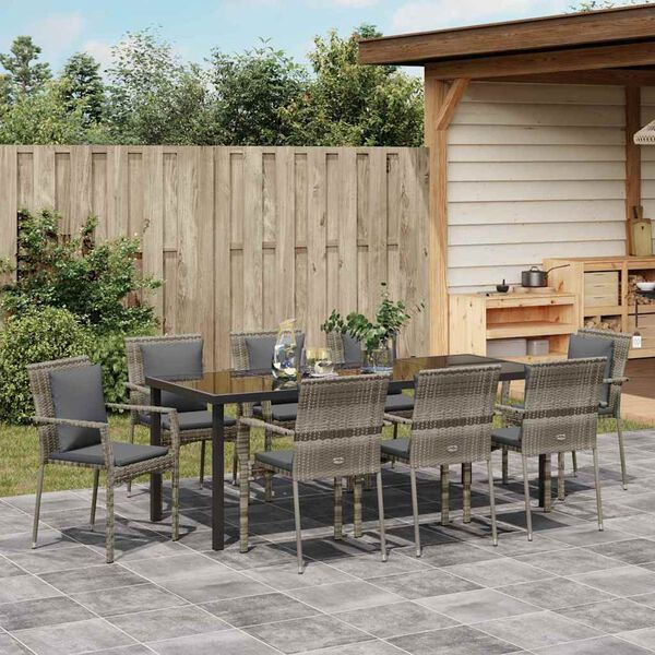 vidaXL Garden Dining Set with Cushion 9 pcs Grey Poly Rattan