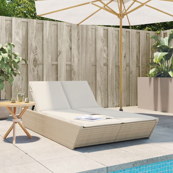 vidaXL Double Sun Lounger with Cushions Beige Poly Rattan
