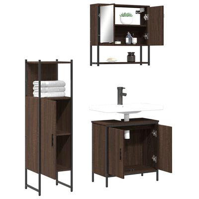 Bathroom vanity set components: tall storage cabinet, wall cabinet with mirror, and a vanity with sink, shown with open doors.