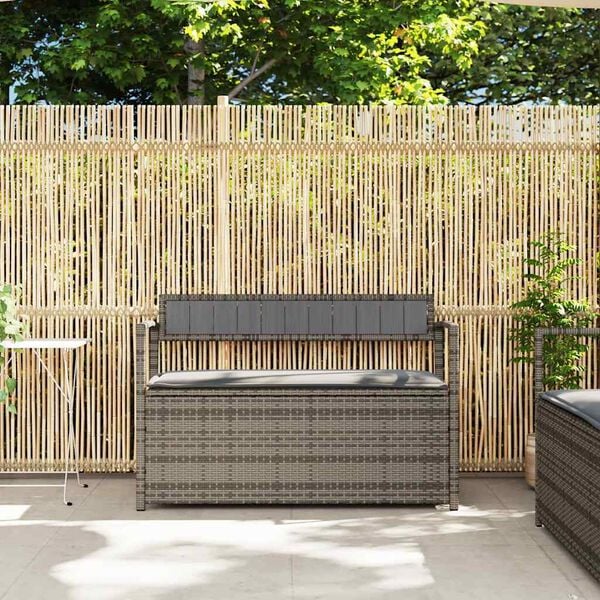 vidaXL Garden Storage Bench Grey PE Rattan, Powder-Coated Steel, Plywood