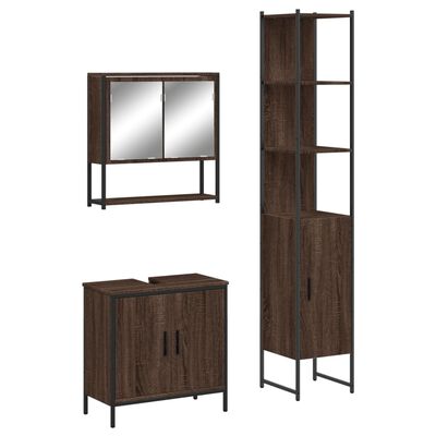 Wall-mounted mirror cabinet, tall open cabinet, and freestanding sink vanity in dark wood