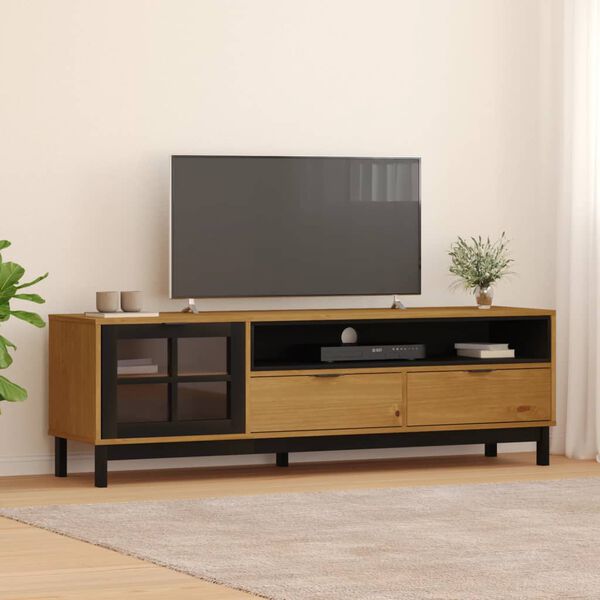 vidaXL TV Cabinet Oak Solid Pine Wood, Tempered Glass, Plastic