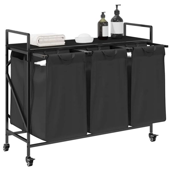 vidaXL Laundry Basket 3 Compartments with Wheels Black Oak