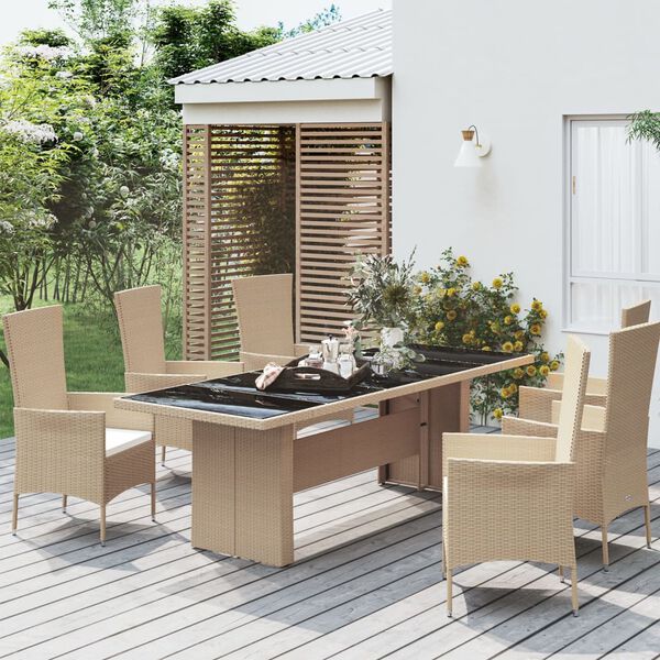 vidaXL Garden Table With Glass Top Beige PE rattan, steel, tempered glass