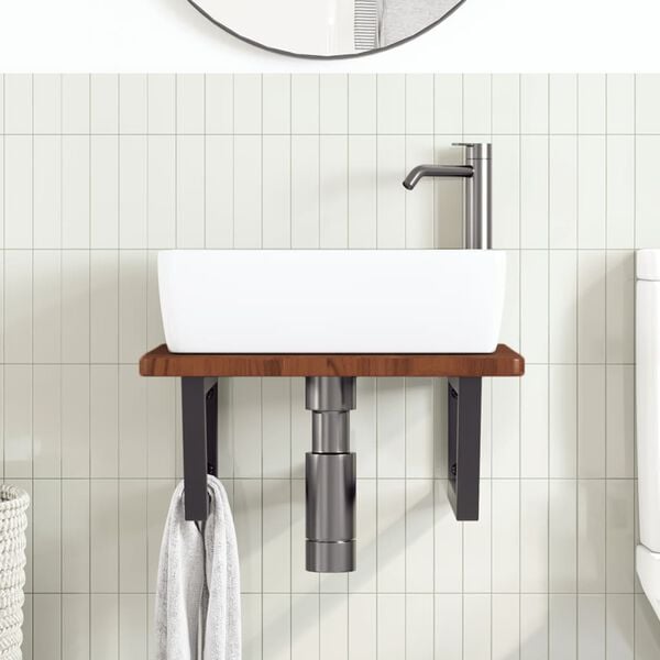 vidaXL Basin Shelf Dark Brown, Black Solid Oak Wood, Steel Standard