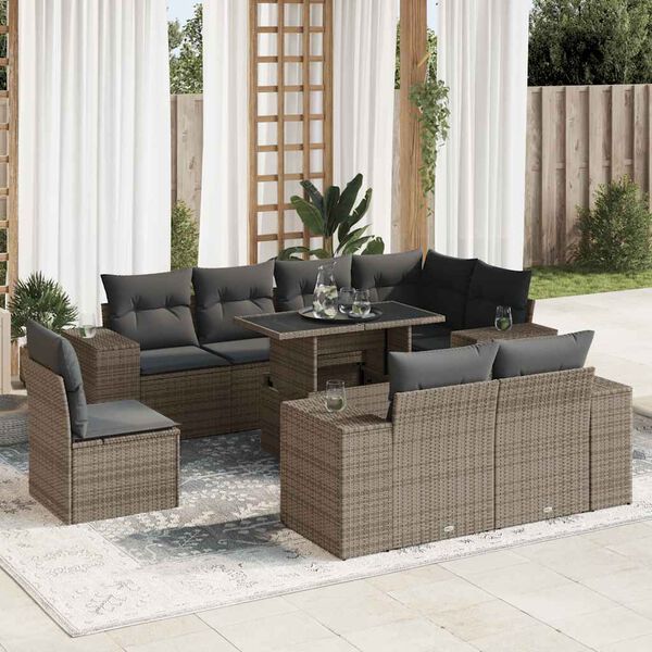 vidaXL Garden Sofa Set Grey PE Rattan Large Adjustable Armrests