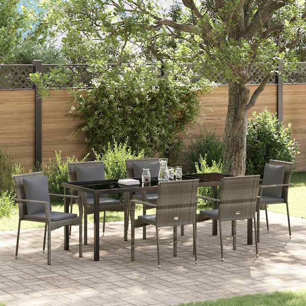 vidaXL Garden Dining Set with Cushion 7 pcs Grey Poly Rattan