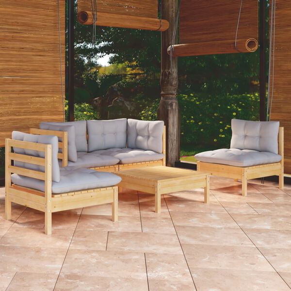 vidaXL Garden Lounge Set Grey Solid Pinewood, Polyester 5 Piece Set