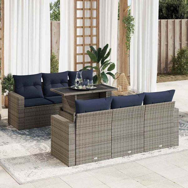 vidaXL 7 Piece Patio Sofa Set with Cushions Gray Poly Rattan Acacia
