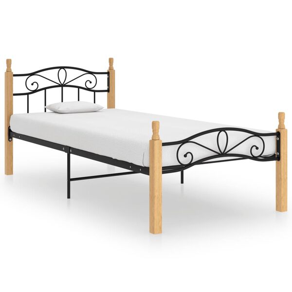 vidaXL Bed Frame Black and natural wood Powder-coated metal, solid oak wood
