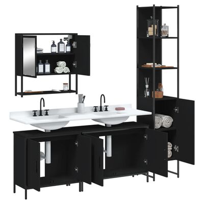 Complete black bathroom vanity set showing under-sink cabinets, wall mirror cabinet, and tall cabinet and open shelving.
