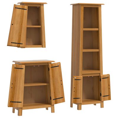 Collection of wooden bathroom cabinets including tall glass-door cabinet, two lower cabinets with doors, and an open shelf cabinet; hardware visible