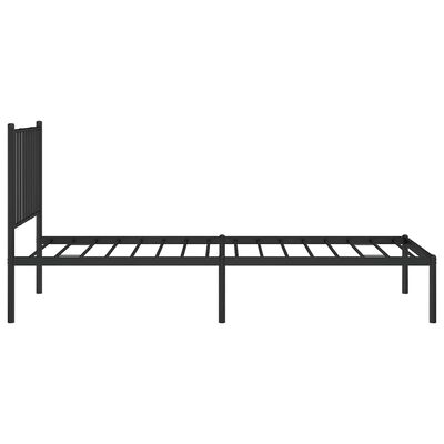 Side view of a black metal bed frame with slatted base.