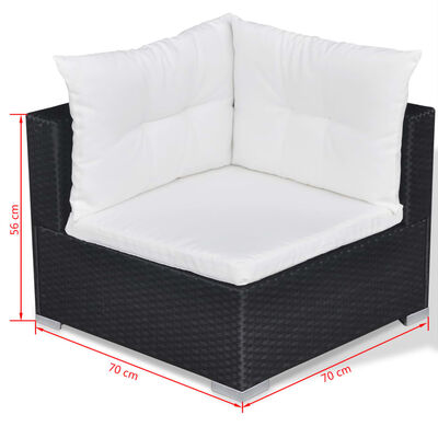 Corner sofa with white cushions, dimensions 70x70x56 cm marked in red.