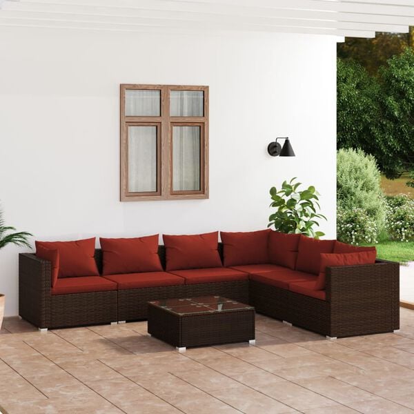 vidaXL Garden Lounge Set Brown PE rattan, powder-coated steel, glass