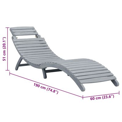 Grey curved sun lounger with measurements 190 cm length, 60 cm width, 51 cm height