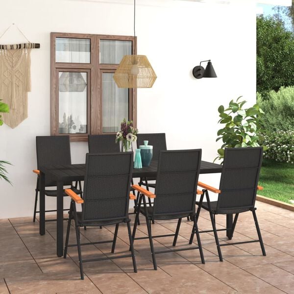 vidaXL Dining Set Black and Brown WPC, Aluminum, PE Rattan 7 Piece Set