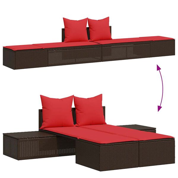 vidaXL Patio Double Sun Lounger Brown with Red Cushions