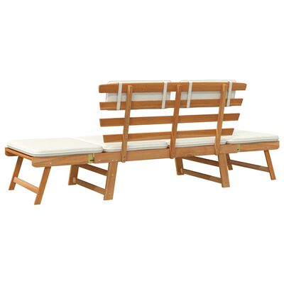 Wood outdoor bench with multiple connected sections and white cushions
