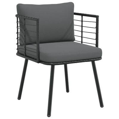 Close-up of a single dark gray cushioned outdoor chair with metal frame.