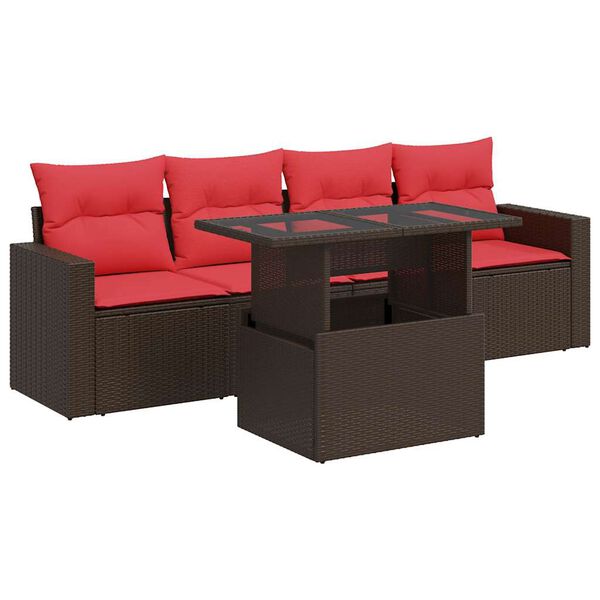 vidaXL 5 Piece Patio Sofa Set with Cushions Brown Poly Rattan Acacia