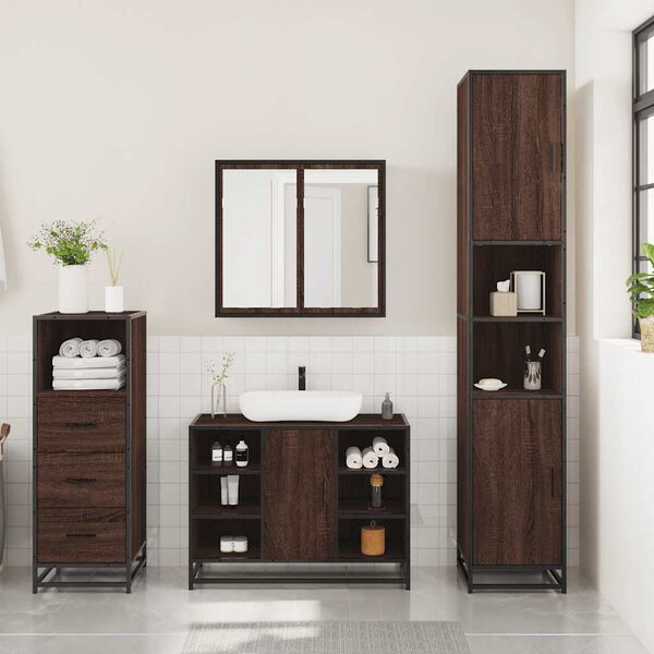 vidaXL Bathroom Furniture Set Brown oak Engineered wood, metal, glass