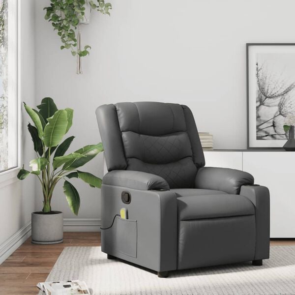 vidaXL Massage Recliner Chair Gray Faux leather, metal, plywood Large