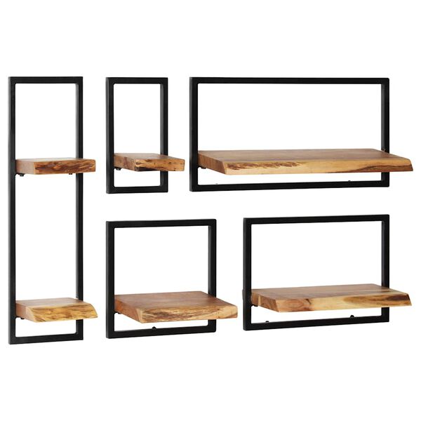 vidaXL Wall Shelf Set Set of 5 Acacia wood brown and black