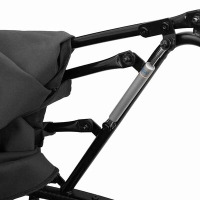  Cushioned fabric and metal frame with adjustable canopy mechanism.