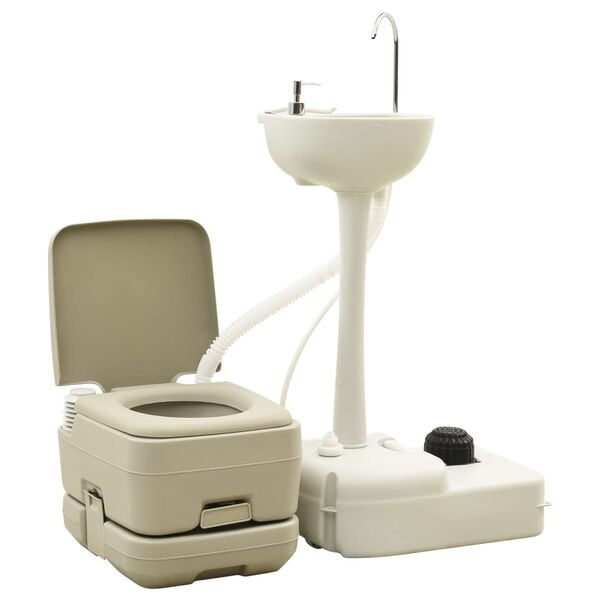 vidaXL Portable Camping Toilet 2.6+2.6 gal and Handwash Stand 5.3 gal Set Gray