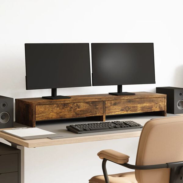 vidaXL Monitor Stand with Drawers Smoked Oak 39.4x10.6x5.9" Engineered Wood