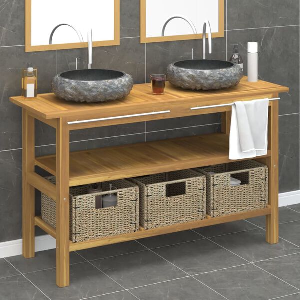 vidaXL Vanity Cabinet With Sink Black, Teak Teak Wood, Marble, Seagrass