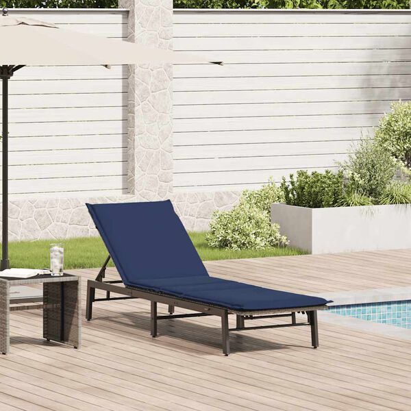 vidaXL Sun Lounger Grey, Navy Blue PE rattan, Powder-coated steel Standard