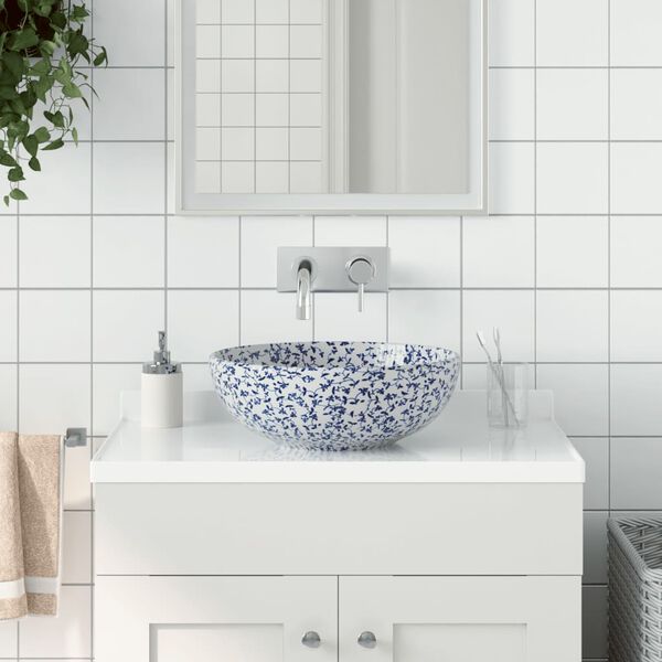 vidaXL Countertop Basin White and Blue Round &Phi;16.1x5.5" Ceramic