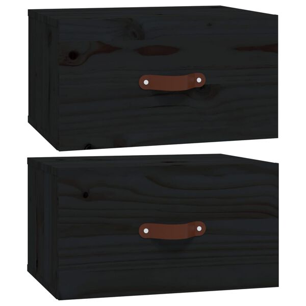 vidaXL Wall-mounted Bedside Cabinet Set of 2 Black Solid pinewood Small