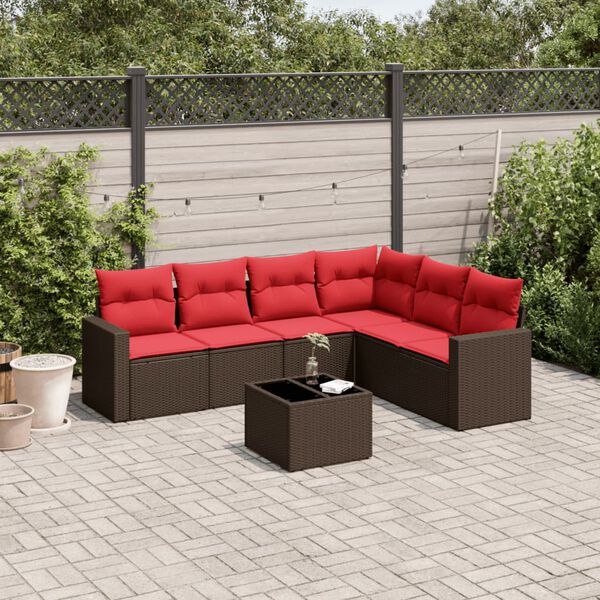 vidaXL 7 Piece Patio Sofa Set with Cushions Brown Poly Rattan