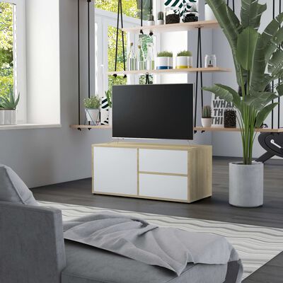 vidaXL TV Stand White and Sonoma Oak 31.5"x13.4"x14.2" Engineered Wood