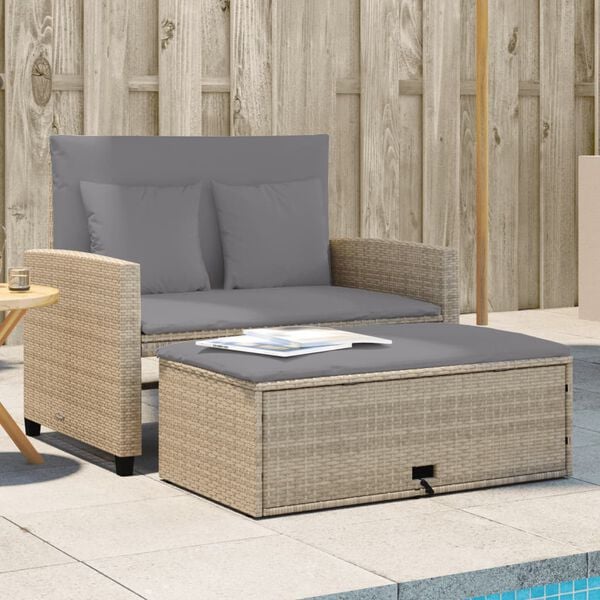 vidaXL Patio Sofa Beige PE rattan, powder-coated steel, polyester 2-seater