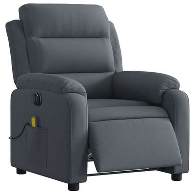 Close-up gray recliner showing seat, armrest, and side pocket