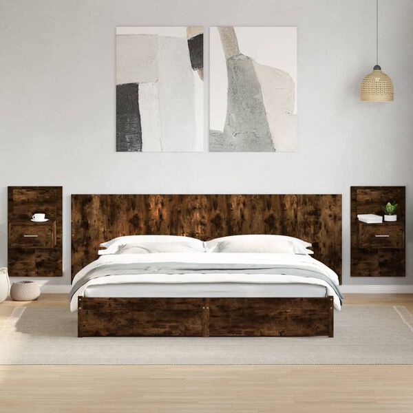 vidaXL Bed Headboard With Cabinet Smoked oak Engineered wood Large